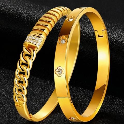 Bracciale Rigido In Acciaio Inossidabile Per Donna Con Zirconia Cubica Strass Quadrifoglio Traforato E Design A Catena