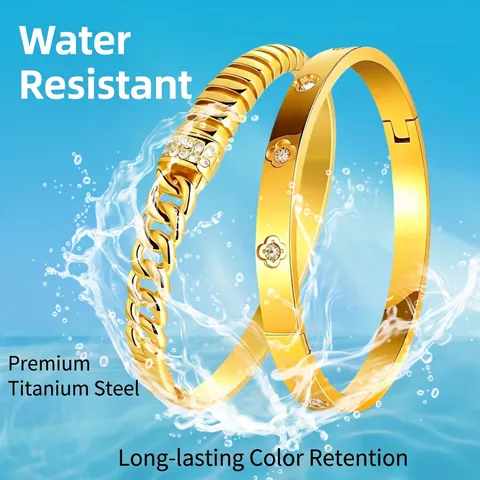 Bracciale Rigido In Acciaio Inossidabile Per Donna Con Zirconia Cubica Strass Quadrifoglio Traforato E Design A Catena