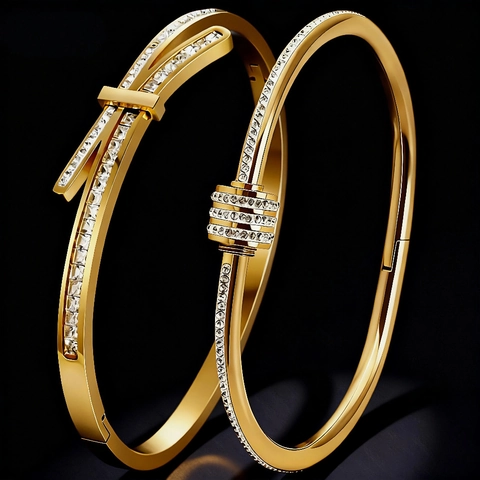 Bracciale Rigido In Acciaio Al Titanio Da Donna Micro Pavé Zircone Geometrico Diamante Quadrato Nodo A Fiocco Gioielli
