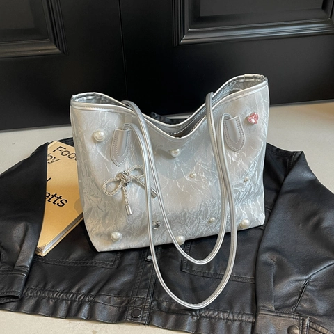 Women Crinkled Fabric Tote Bag With Artificial Pearl And Rhinestone Bowknot Large Capacity Shoulder Handbag For Daily Commuting