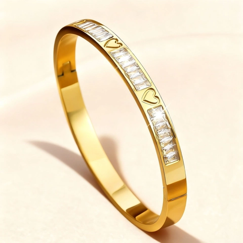 Bracciale Aperto in Acciaio Inossidabile Con Strass Cuore Quadrifoglio per Donna Oro Argento Galvanizzato Gioielli alla Moda