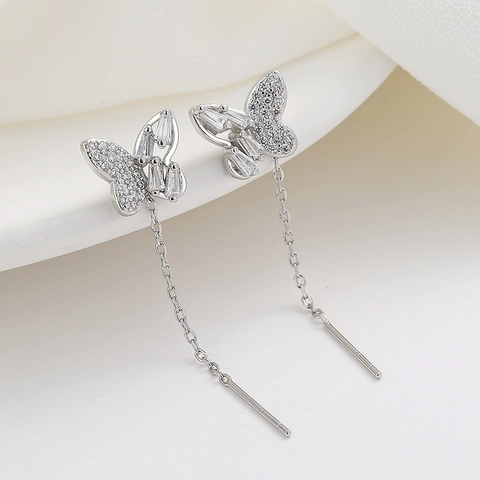 Butterfly Tassel Ear Thread Earrings Copper Micro Pave Zirconia Asymmetrical Long Chain With Silver Earring Post Women