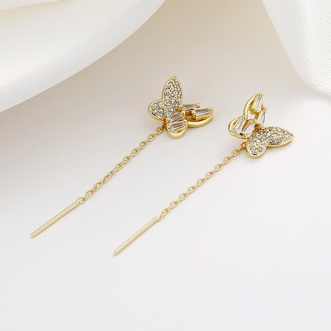 Butterfly Tassel Ear Thread Earrings Copper Micro Pave Zirconia Asymmetrical Long Chain With Silver Earring Post Women