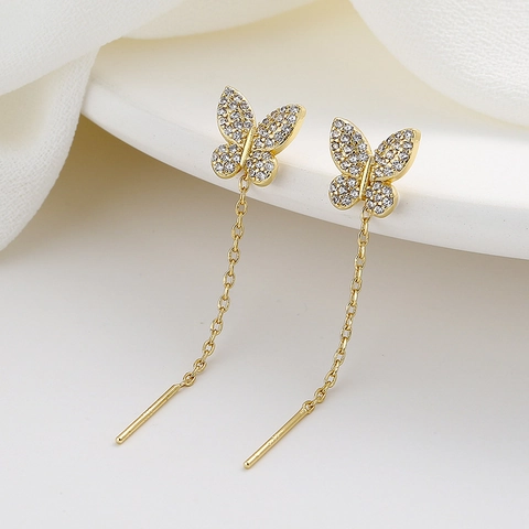 Pendientes De Hilo De Mariposa Con Borla Larga Con Circonita Y Poste De Plata De Ley 925 Elegantes Para Mujer
