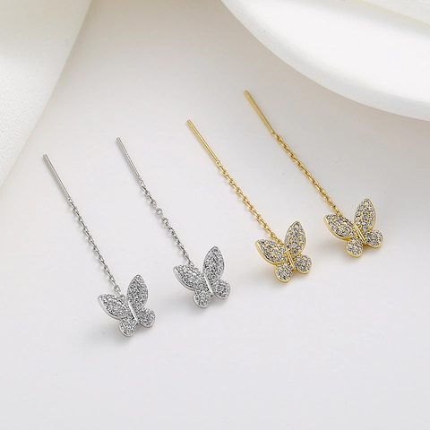 Pendientes De Hilo De Mariposa Con Borla Larga Con Circonita Y Poste De Plata De Ley 925 Elegantes Para Mujer