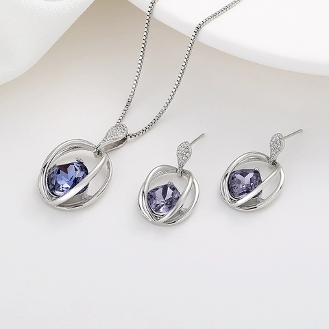 Elegant Copper Plated Necklace And Earrings For Women With Geometric Square Artificial Crystal And Cubic Zirconia Fashion