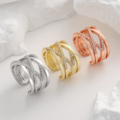 Eleganter Kupfer Kreuz Offener Ring Mehrlagig X Form Geometrisch Verstellbar Zirkonia Schmuck Für Damen Mode