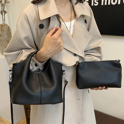 Damen Bucket Bag Und Kleiner Reißverschlussbeutel Aus PU Leder Mit Litschi Maserung Minimalistische Unterarm Umhängetasche