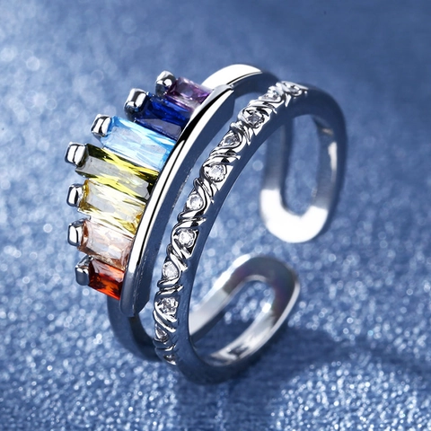 Anello In Rame A Doppio Strato Con Zircone Arcobaleno Design Aperto Regolabile Gioielli Di Moda Per Donne Forma Corona