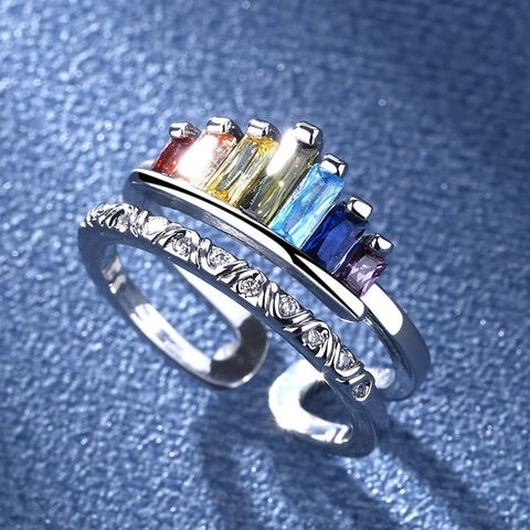 Anello In Rame A Doppio Strato Con Zircone Arcobaleno Design Aperto Regolabile Gioielli Di Moda Per Donne Forma Corona