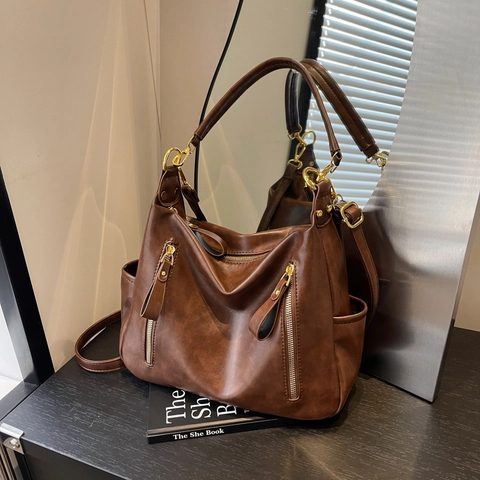Bolso Tote de Cuero de PU Vintage para Mujer Gran Capacidad Bolso de Hombro Axilar Color Sólido Casual Diario Moda Conmutar
