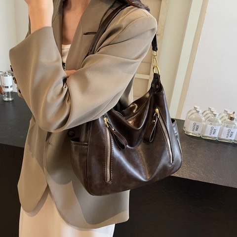 Bolso Tote de Cuero de PU Vintage para Mujer Gran Capacidad Bolso de Hombro Axilar Color Sólido Casual Diario Moda Conmutar