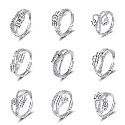 Anillo Giratorio Para Mujer Alivio De Ansiedad Cobre Plateado Circonita Cúbica Cuentas Giratorias Apertura Ajustable