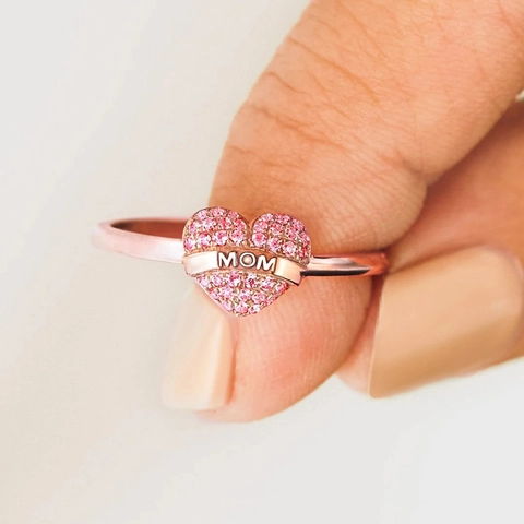 Anillo Cuore Rame Placcato Oro Rosa Zircone Rosa Iscrizione MOM Regolabile Gioielli Regalo Per Madre Donne