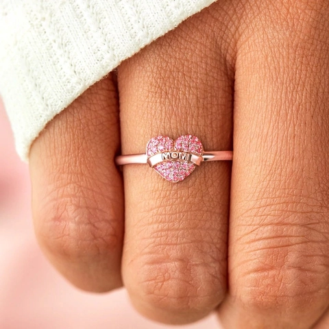 Anillo Cuore Rame Placcato Oro Rosa Zircone Rosa Iscrizione MOM Regolabile Gioielli Regalo Per Madre Donne