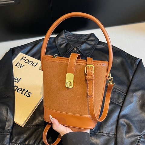 Borsa A Secchiello Vintage Da Donna Patchwork Similpelle E Scamosciata Chiusura A Rotazione Dorata Tracolla Retrò Con Manico