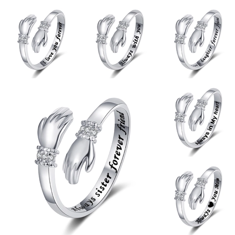 Hugging Hands Ring Copper Rhinestone Adjustable Open Jewelry Sentimental Engraved Gift For Women