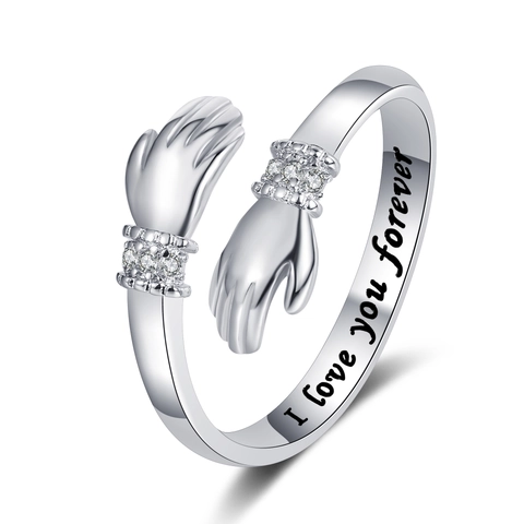Hugging Hands Ring Copper Rhinestone Adjustable Open Jewelry Sentimental Engraved Gift For Women