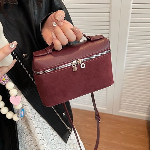 Women Vintage Small Square Crossbody Bag PU Leather Suede Patchwork Top Handle Handbag Double Zipper Stylish Trendy