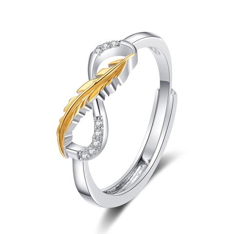 Infinity Feather Ring Two-Tone Gold Plated Copper With Zircon Inlay Adjustable Opening Fashion Jewelry For Women Gift