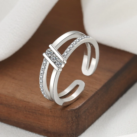 Minimalistischer Zweilagiger Kupferring Mit Zirkonia-Einlage Verstellbarer Offener Fingerschmuck Für Damen Trendiger Modestil
