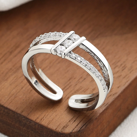 Minimalistischer Zweilagiger Kupferring Mit Zirkonia-Einlage Verstellbarer Offener Fingerschmuck Für Damen Trendiger Modestil