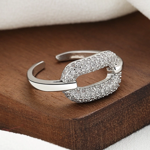 Geometric Oval Link Open Ring Copper With Micro Pave Zircon Elegant Adjustable Finger Jewelry For Women Fashion