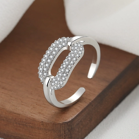 Geometric Oval Link Open Ring Copper With Micro Pave Zircon Elegant Adjustable Finger Jewelry For Women Fashion