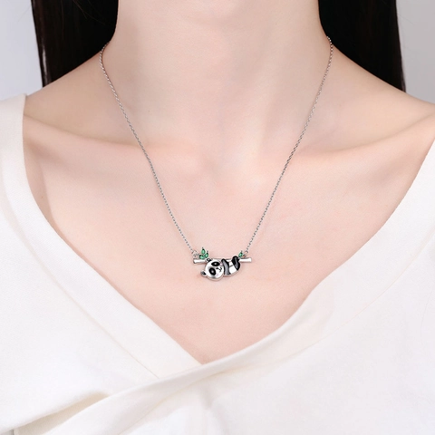 Collier Panda Avec Pendentif Bambou Zircone Verte Cuivre Plaqué Argent Émail Bijou Animal Mignon Pour Femmes