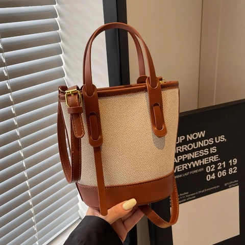 Borsa A Secchiello In Tela E Pelle Sintetica Colore A Contrasto Con Tracolla Regolabile Doppio Manico Retro Minimalista Donna