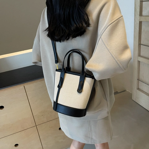 Borsa A Secchiello In Tela E Pelle Sintetica Colore A Contrasto Con Tracolla Regolabile Doppio Manico Retro Minimalista Donna