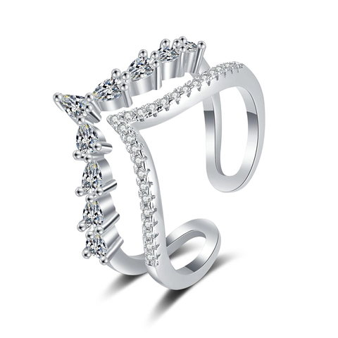 Double Layer V Shape Adjustable Ring Copper Cubic Zirconia Pear Cut Open Design Trendy Jewelry For Women