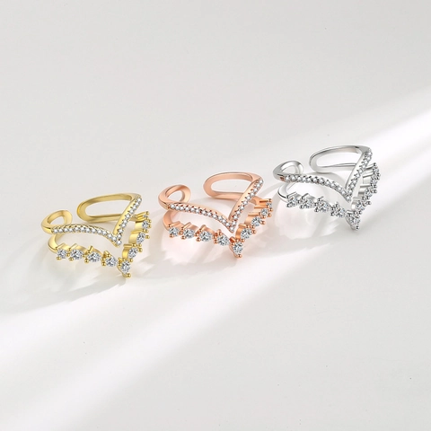 Double Layer V Shape Adjustable Ring Copper Cubic Zirconia Pear Cut Open Design Trendy Jewelry For Women