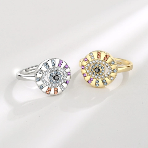 Böhmischer Evil Eye Ring Kupfer Mit Bunten Zirkonia Sonnenstrahl Verstellbarer Vintage Fingerschmuck Für Damen