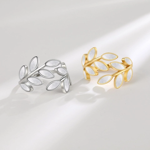 Olive Branch Leaf Adjustable Open Ring Copper With Shell Inlay Minimalist Elegant Jewelry For Women