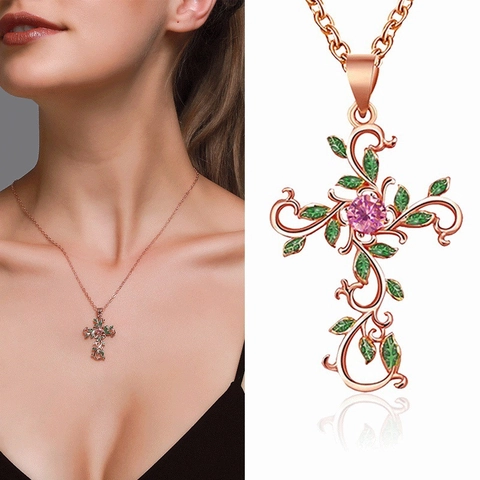 Collana Con Pendente A Croce In Rame Con Design A Vite In Smalto Verde E Intarsio In Zircone Gioielli Alla Moda Per Donna
