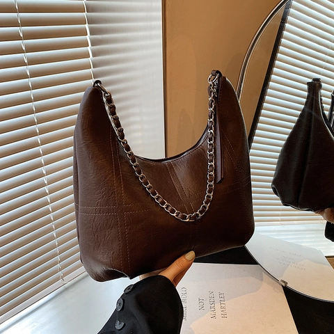 Women Vintage PU Leather Hobo Bag With Chain Strap Quilted Cross Stitching Zipper Shoulder Bag