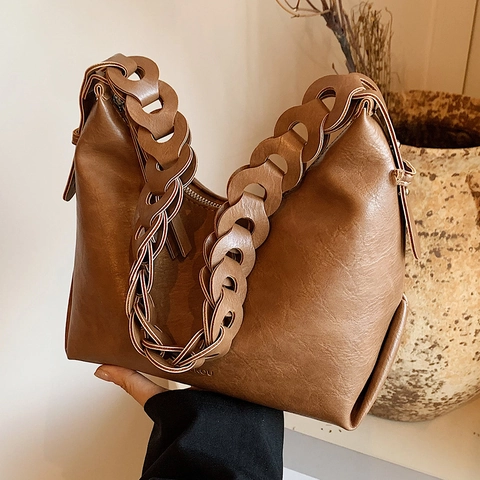 Vintage PU Leather Hobo Bag Women Underarm Shoulder Bag With Braided Linked Ring Strap Zipper Solid Color Retro
