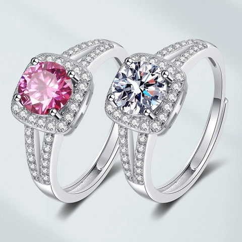 Elegant Round Moissanite Adjustable Ring Copper Silver Plated Square Halo Split Shank Micro Pave Engagement For Women