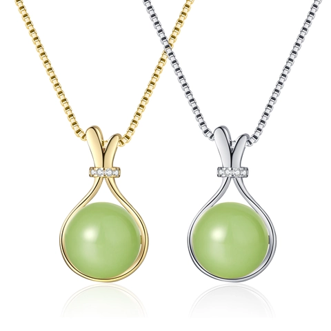 Lucky Bag Pendant Necklace Copper Plated Green Chalcedony Bead Cubic Zirconia Box Chain Elegant Jewelry For Women