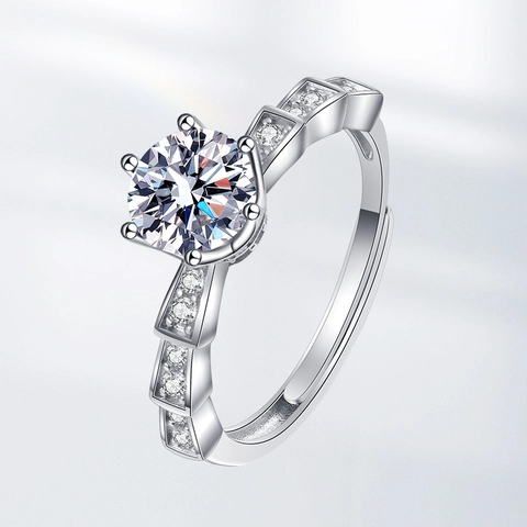 Kupferring 925 Versilbert Zirkonia Moissanit-Stil Sechs-Klauen Verstellbar Offenes Band Eleganter Schmuck Für Damen