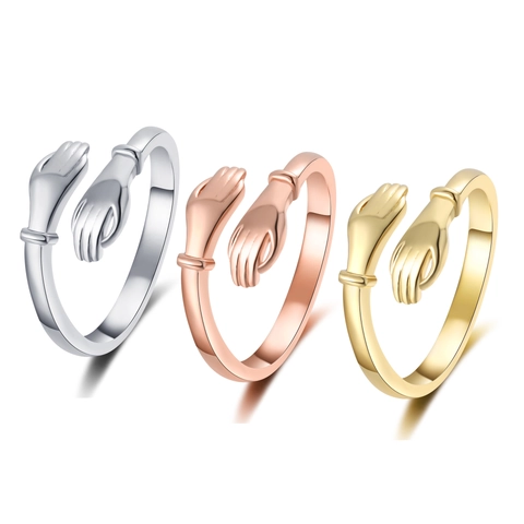 Romantic Hugging Hands Ring For Women Men Open Adjustable Copper Polished Minimalist Statement Jewelry Gift
