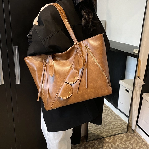 Borsa Tote Retrò Grande Capacità In Pelle PU Borsa A Spalla Con Cerniere A Nappa Vintage Versatile Per Donna