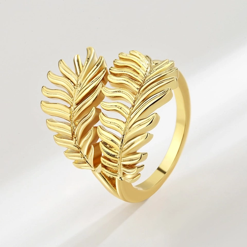Anillo Abierto Ajustable De Hoja Pluma Cobre Chapado Joyería Minimalista Para Mujeres Hombres Estilo Boho Simple