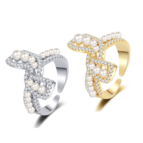 Fashion Bow Ring With Copper Zircon And Artificial Pearls Open Adjustable Light Luxury Jewelry For Women Elegance Style