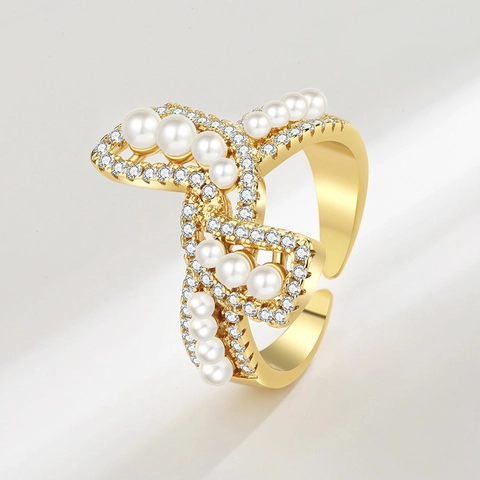 Fashion Bow Ring With Copper Zircon And Artificial Pearls Open Adjustable Light Luxury Jewelry For Women Elegance Style