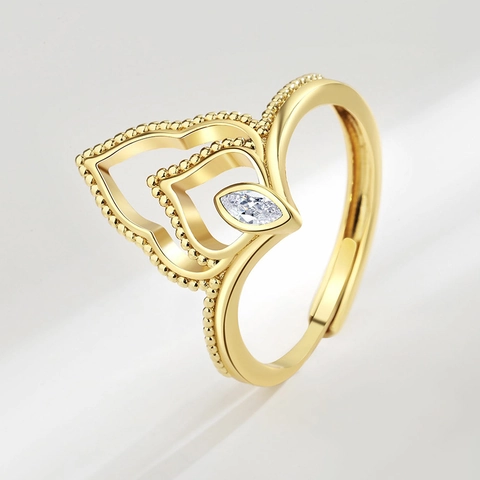 Vintage Marquise Zircon Open Adjustable Ring Copper Hollow Heart Crown Design For Women Elegant Jewelry Accessory