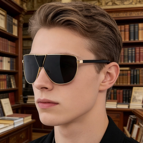 Fashion Oversized Shield Sunglasses For Men Metal Plastic Frame Square One Piece Lens UV400 Retro Driving Outdoor