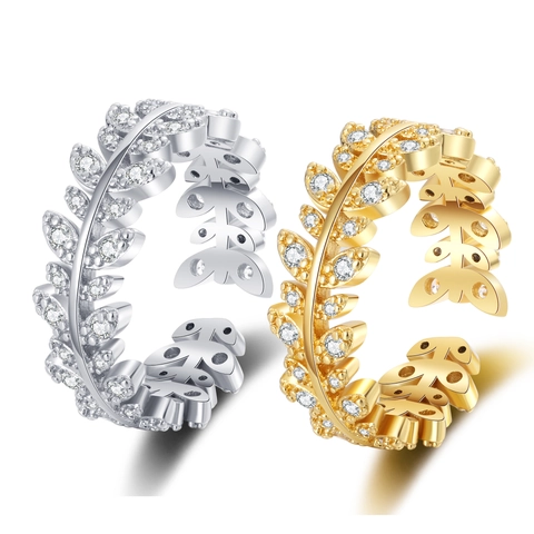 Leaf Open Ring Copper Cubic Zirconia Wheat Ear Adjustable Fashion Commuting Jewelry For Women Elegant Sparkling