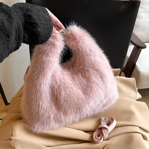Women Plush Faux Fur Shoulder Bag With Synthetic Leather Strap Zip Closure Winter Solid Color Handbag Elegant Versatile